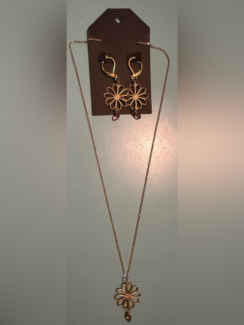 Matte Gold Floral Pendant Necklace and Earring Set - with Purple Beaded Accent
